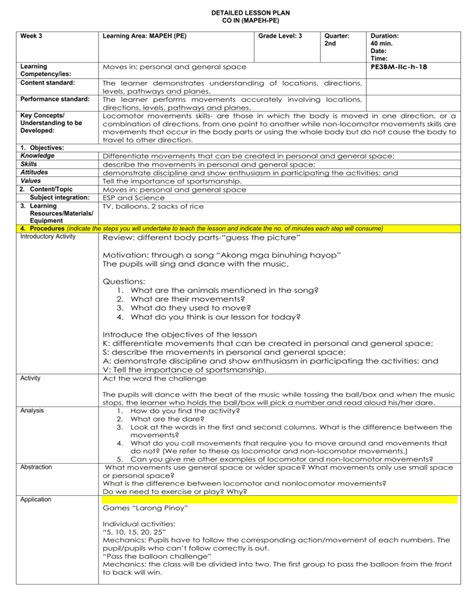 detailed lesson plan about locomotor and nonlocomotor|LESSON PLAN .